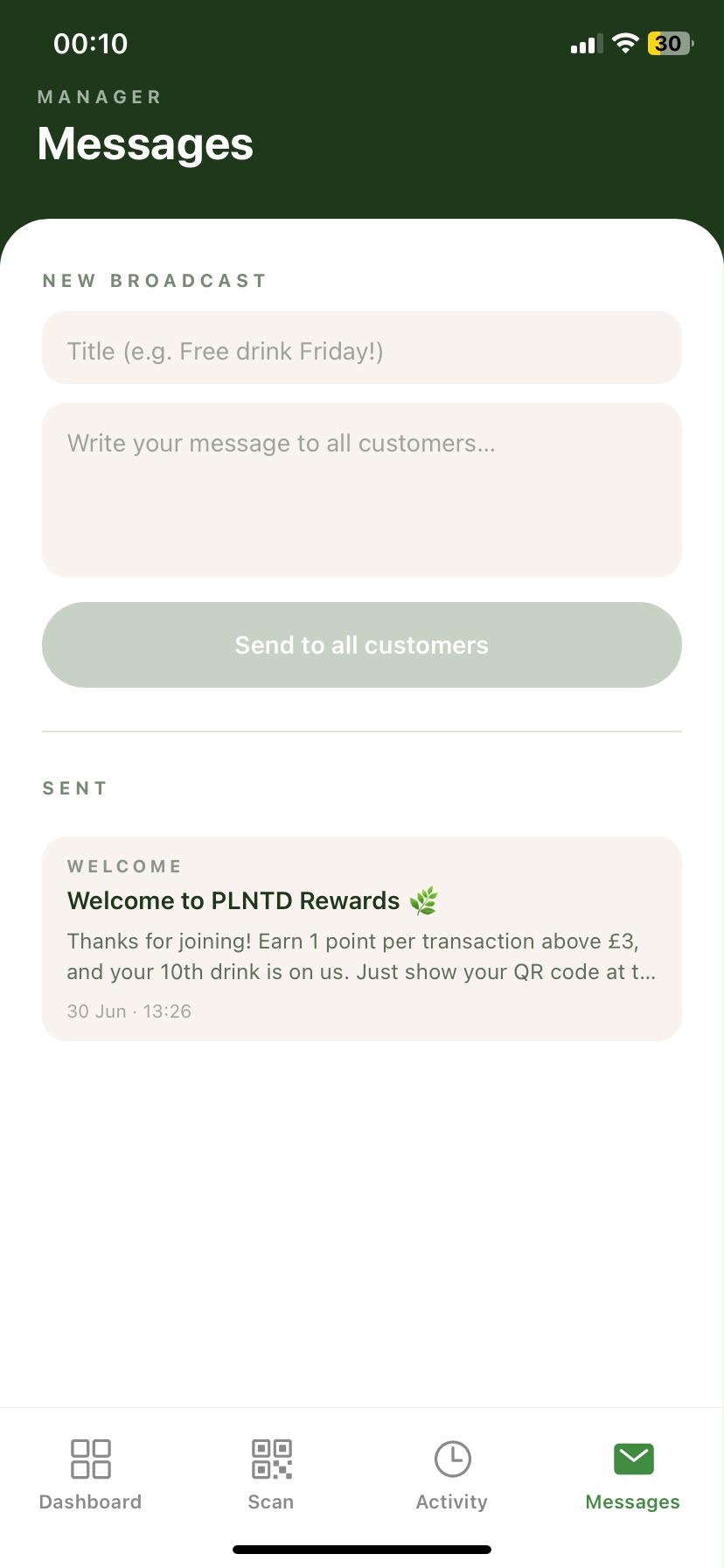 PLNTD manager messages tab with broadcast composer