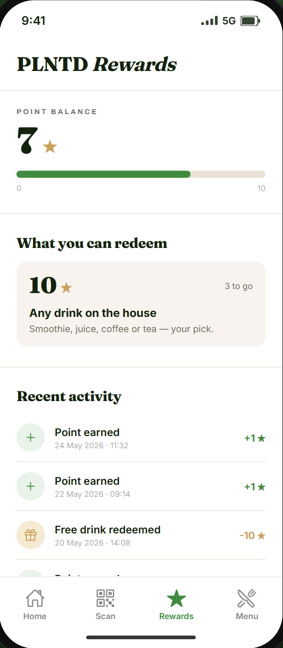 PLNTD app rewards screen with progress and recent activity